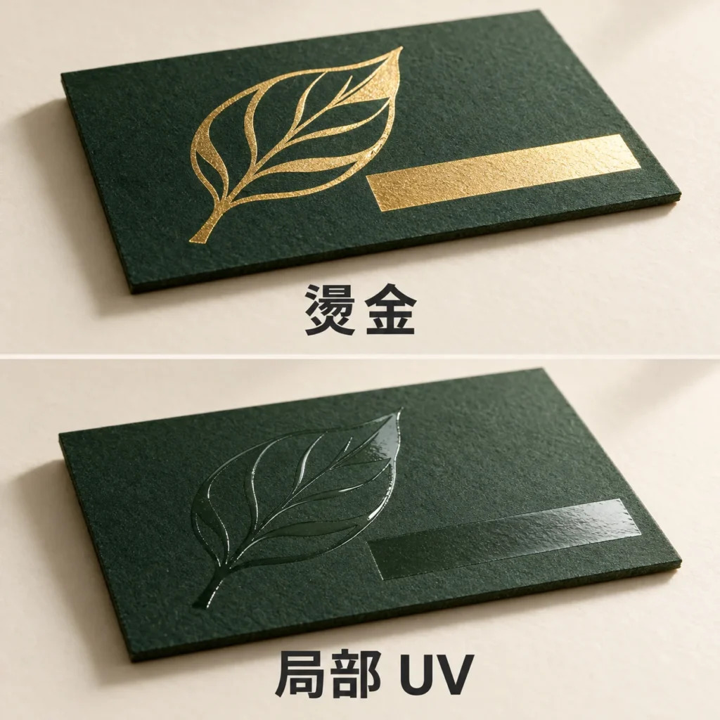 AI 生成加工示意：金屬光澤燙金與透明亮光的局部 UV。