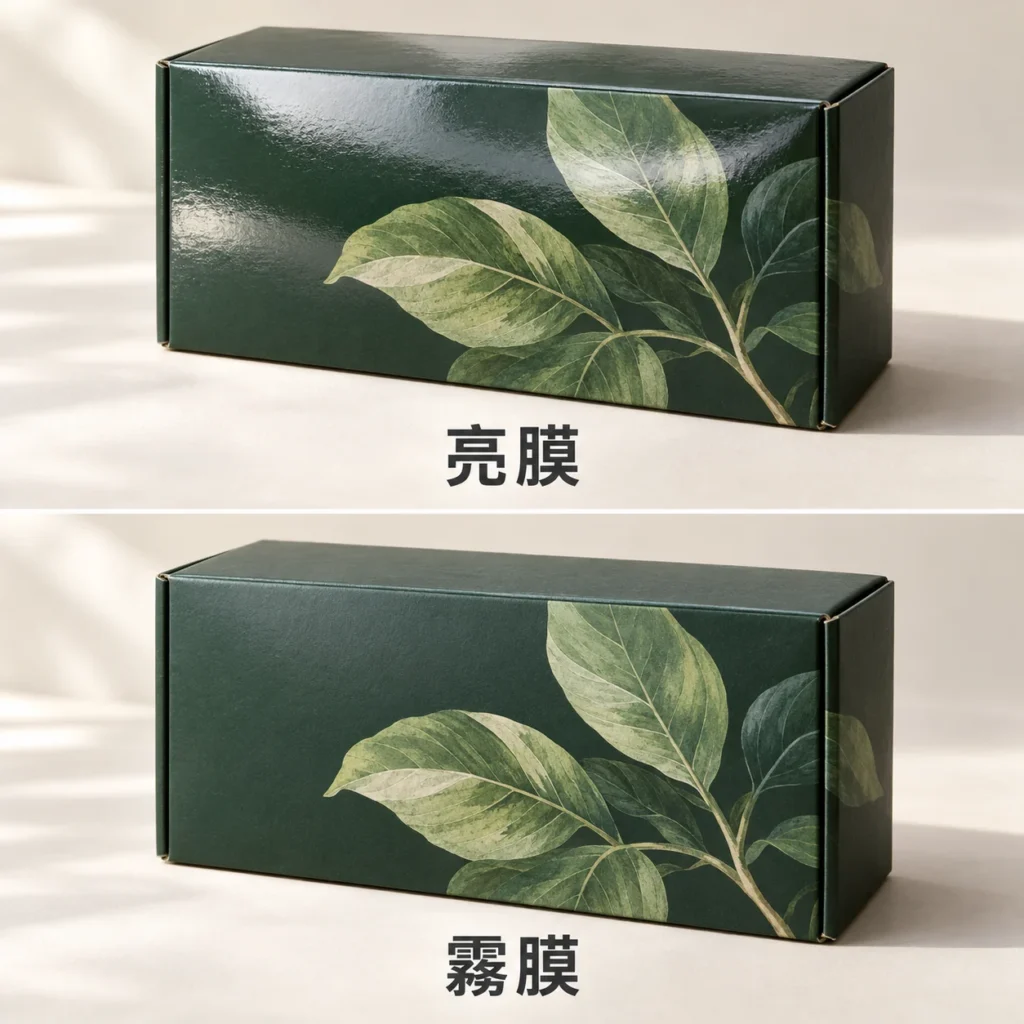 AI 生成覆膜示意：整面反光較明顯的亮膜與低反光的霧膜。