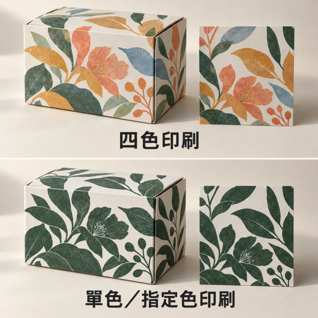 AI 生成印刷示意：多色彩的四色印刷與單一綠色的單色／指定色印刷。
